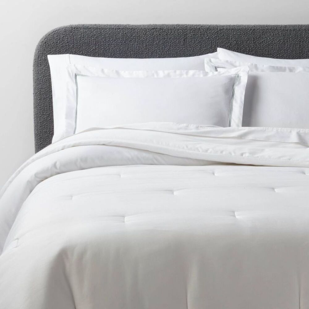 3pc Full/Queen Luxe 310TC Embroidered Border Sateen Comforter Set - White/Teal